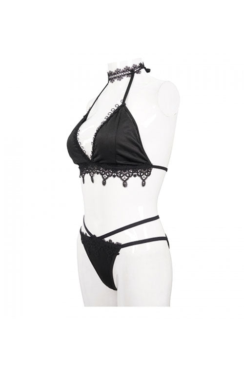 Black Gothic Lace Collar Lace Up Bikini Swimsuit - Product - 12