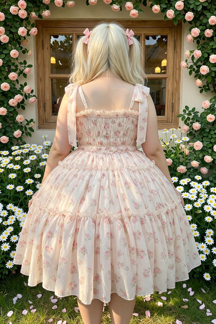 Pink [Rose Maiden] Square Collar Sleeveless Rose Printed Ruffled Bow Lace Plus Size Sweet Lolita Dress - Product - 3