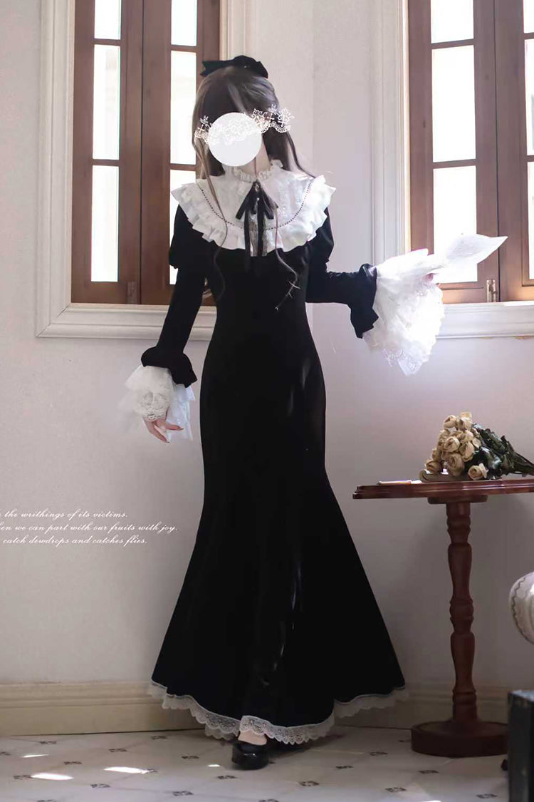Black [Raven-Feather Poetic Letter] Velvet Long Hime Sleeves Ruffle Bowknot Gothic Elegant Lolita Fishtail Dress - Product - 9