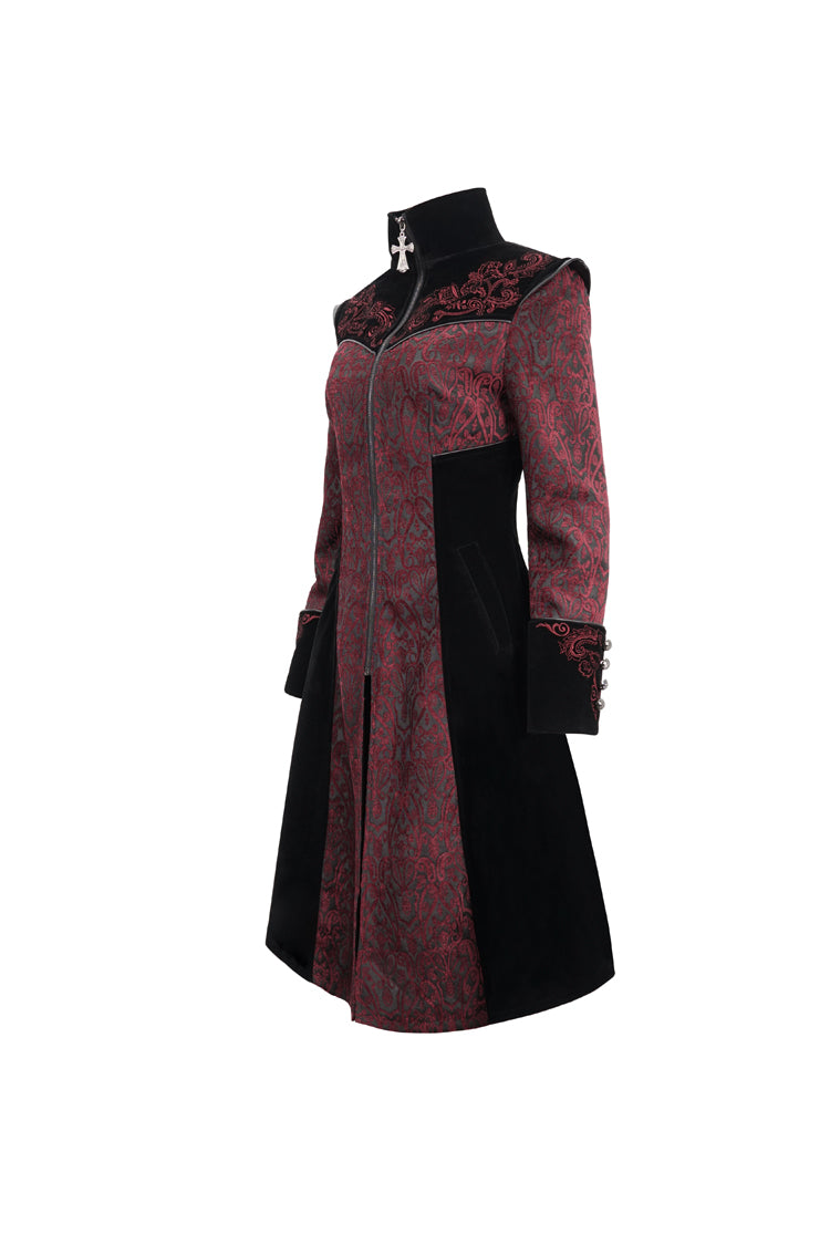 Red Jacquard Studded Mushroom Buckle Metal Cross Embroidered Women's Gothic Coat - Product - 9
