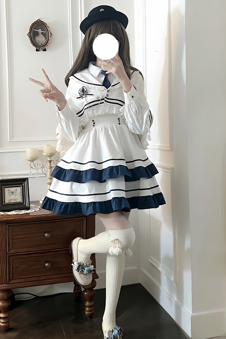 White Long Sleeves Double-Layered Ruffle Sweet College Style (Dress Only) detail view 11