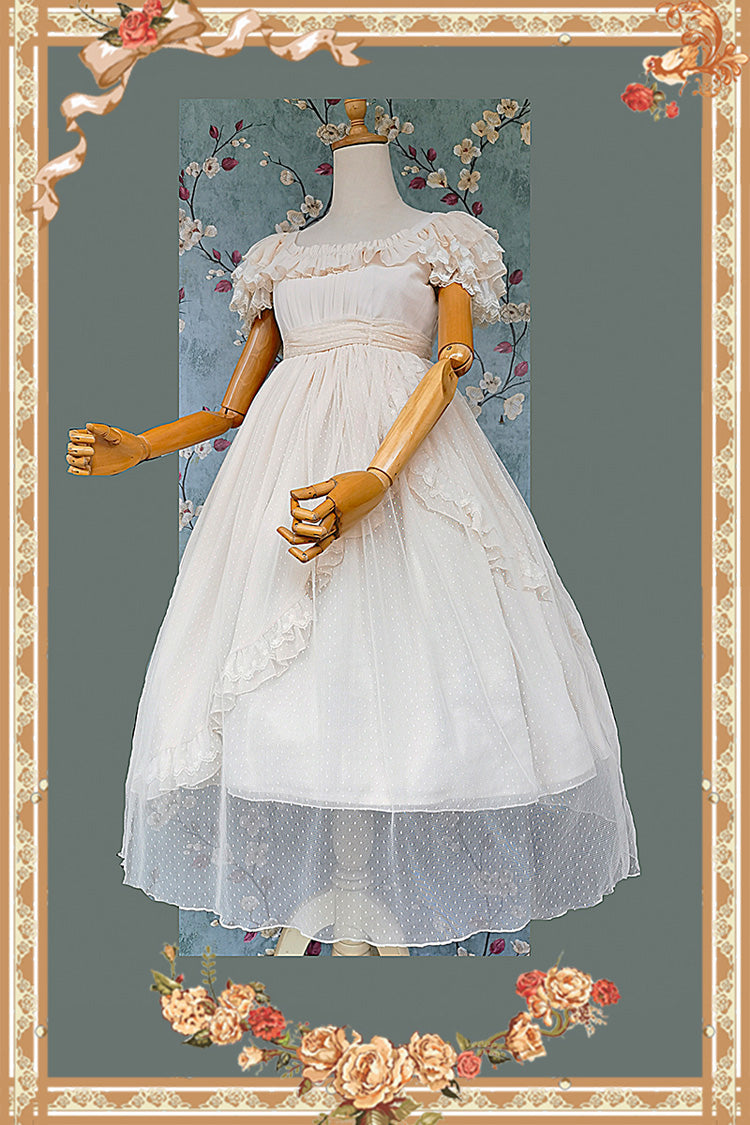 Apricot [Moon goddess *Mediana*] Polka Dot Print Ruffle Bowknot Asymmetric Sweet Elegant Lolita Dress - Product - 13