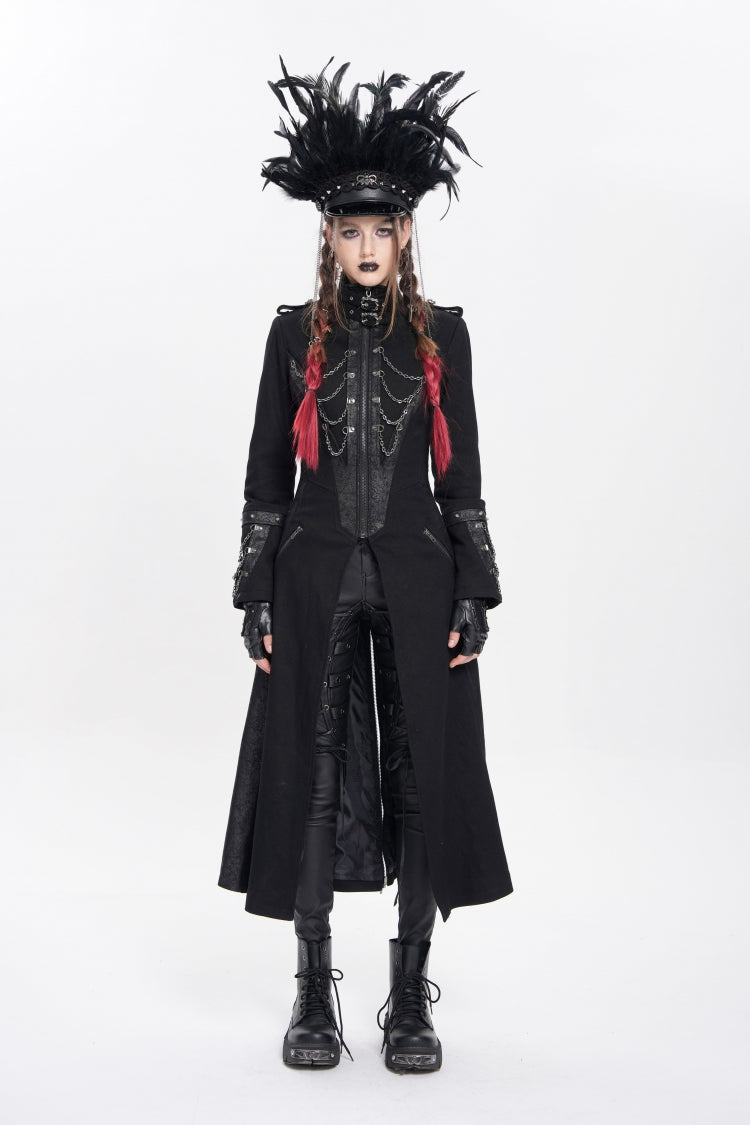 Black Stand Collar Long Sleeves Buckle Chain Women's Punk Jacket - Black - 1