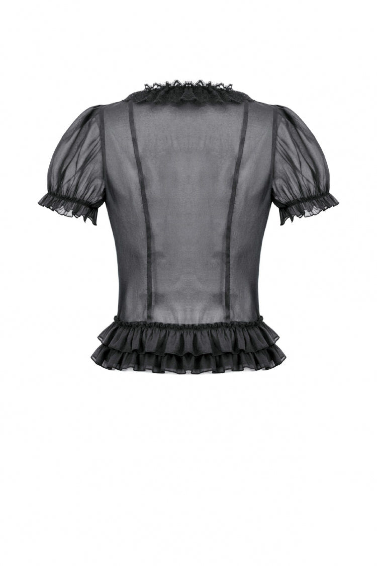Black Deep V Collar Short Puff Sleeves Multi-Layered Ruffled Lace Sheer Women's Gothic Blouse - Product - 12