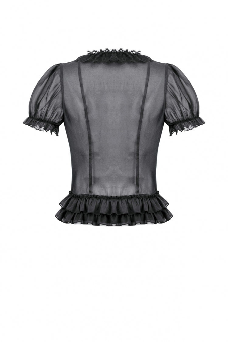 Black Deep V Collar Short Puff Sleeves Multi-Layered Ruffled Lace Sheer Women's Gothic Blouse - Product - 12