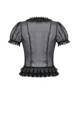 Black Deep V Collar Short Puff Sleeves Multi-Layered Ruffled Lace Sheer Women's Gothic Blouse - Product - 12