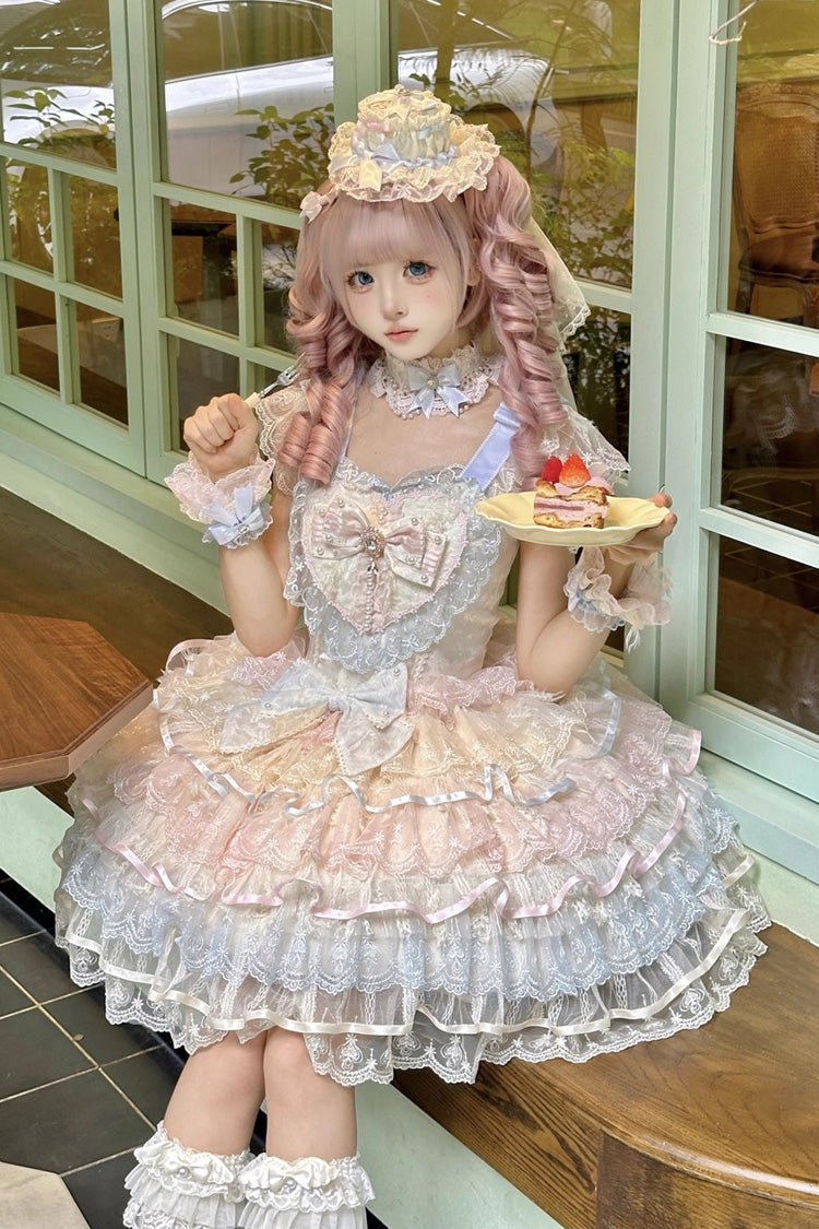 Rainbow Colors [Ballad of Feathers] Sleeveless Multi-Layered Ruffle Hanayome Bowknot Sweet Lolita Jsk Dress - Product - 7