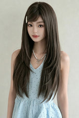 Cool Brown Natural Fluffy Long Layered Straight Sweet Lolita Wig with Air Bangs - Product - 6