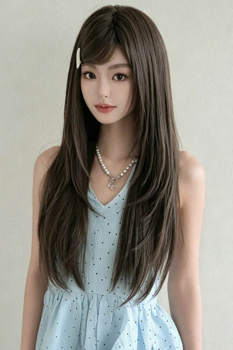 Cool Brown Natural Fluffy Long Layered Straight Sweet Lolita Wig with Air Bangs - Product - 6