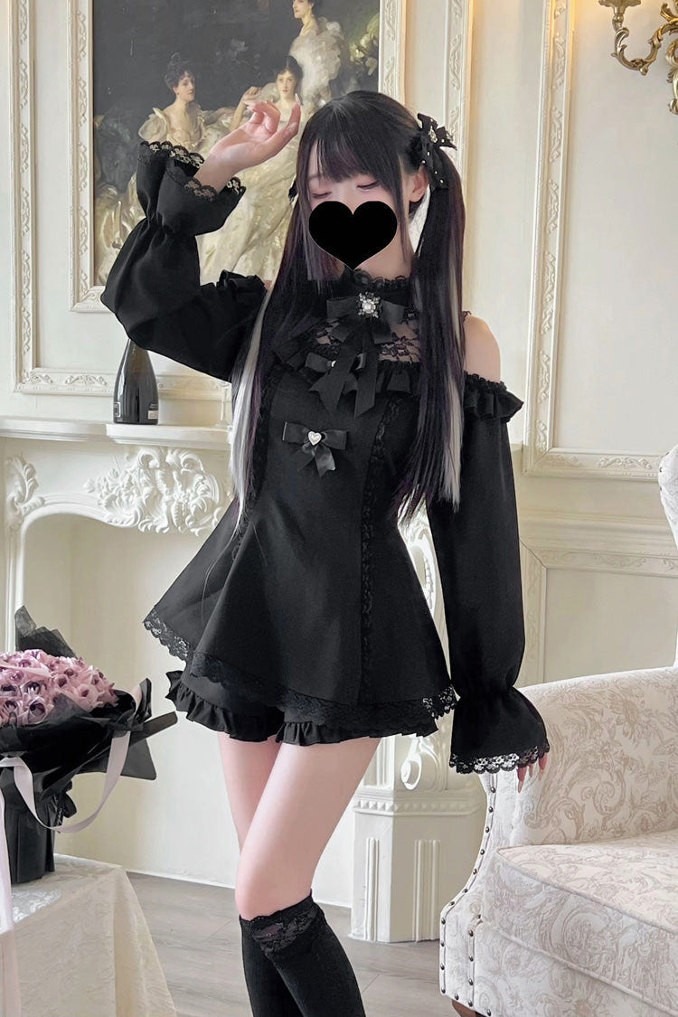 Sweet Off Shoulder Halterneck Long Sleeves Ruffle Bowknot Lace Jirai Kei Dress Shorts Set 4 Colors - Black - 7