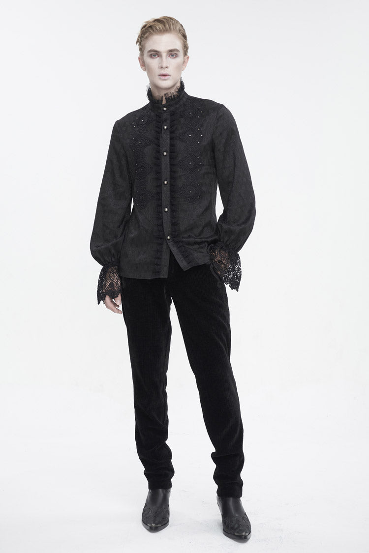 Black Stand Collar Puff Sleeved Lace Splice Men's Gothic Shirt - Product - 3