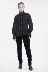 Black Stand Collar Puff Sleeved Lace Splice Men's Gothic Shirt - Product - 3