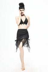 Black Translucent Chiffon Lace Hem Side Lace Up Cover Hip Gothic Swimsuit Fishtail Skirt - Product - 10