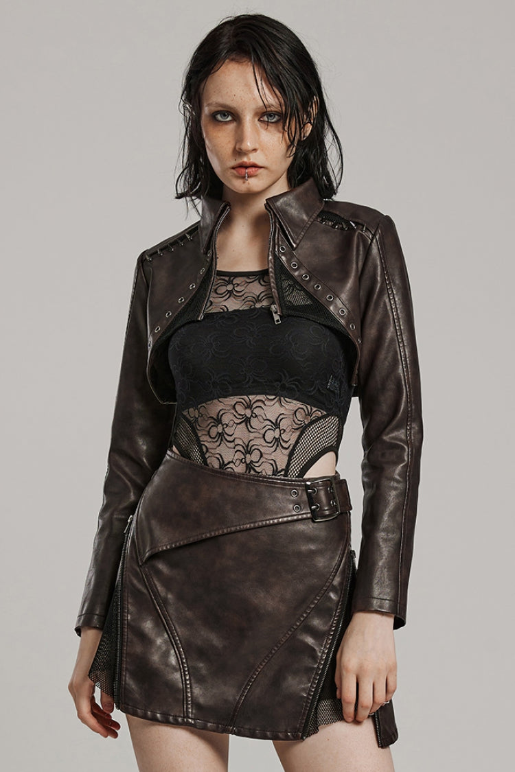 Brown Lapel Collar Long Sleeves Stitching Women's Faux Leather Punk Short Jacket - Product - 2