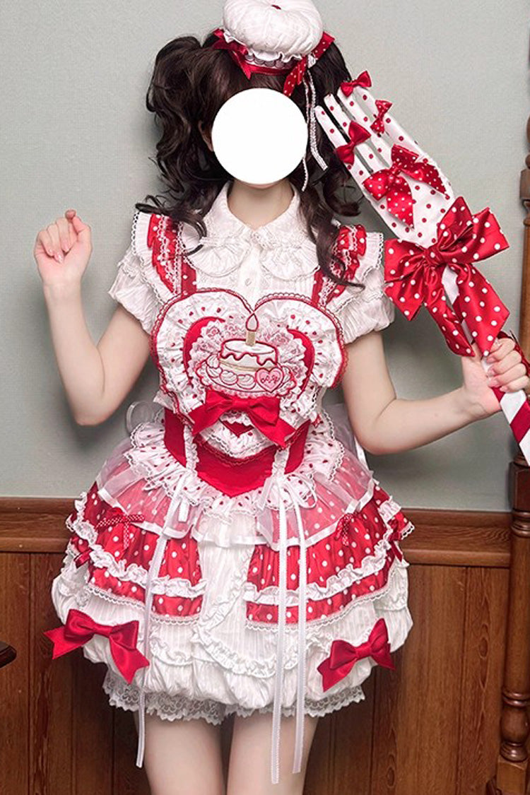 Red/White [Twin Bears] Birthday Cake Sleeveless Print Ruffle Bowknot Lace Sweet Lolita Small Flower Bud Dress - Red/White - 1