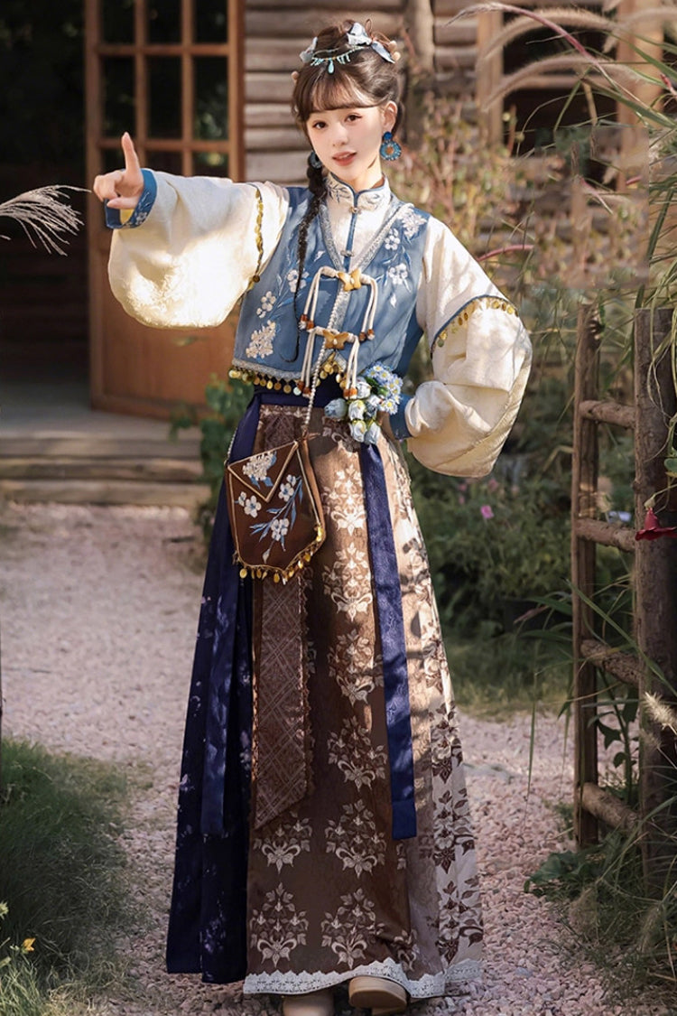 Multi-Color [Wind Of The Snowfield] Stand Collar Long Sleeves Printed Embroidered Women's Daily Sweet Hanfu Dress Set - Product - 5
