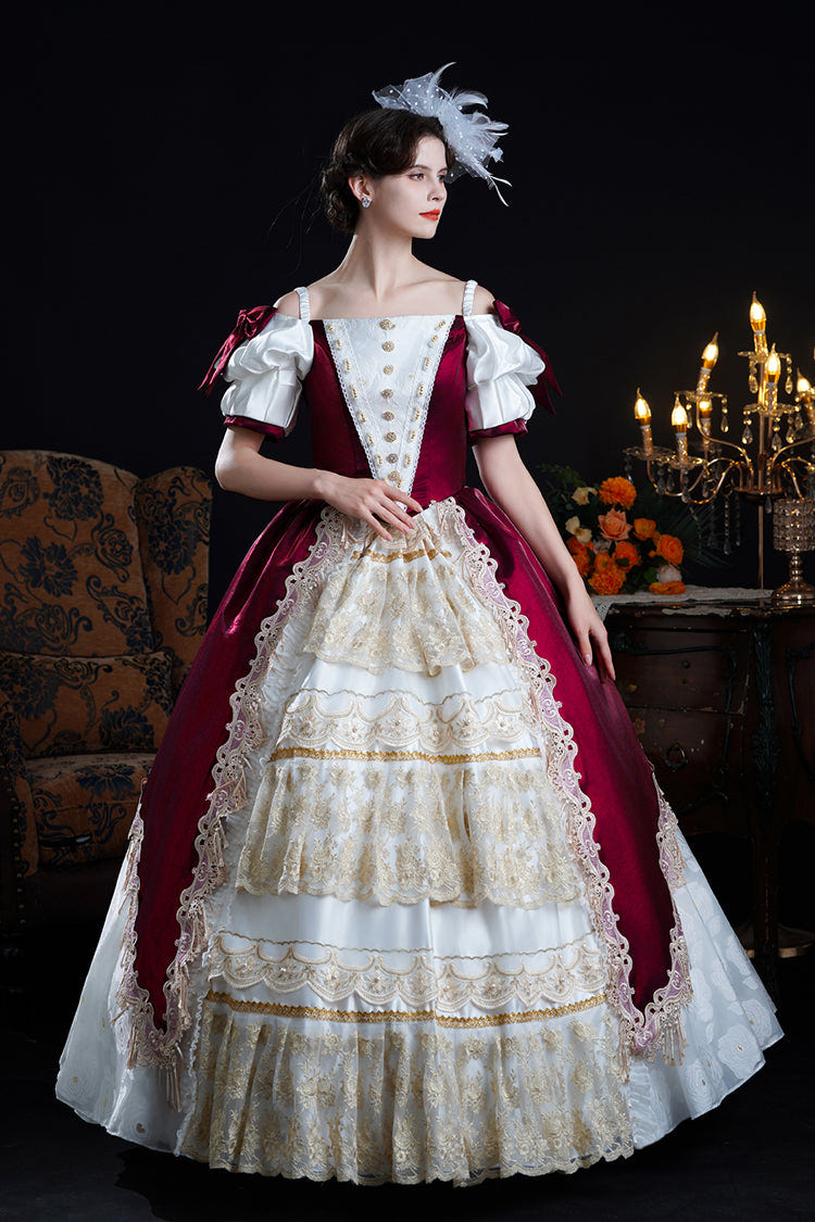 Red/Apricot Off Shoulder Short Sleeves Ruffle Cardigan Bowknot Lace Classic Princess Palace Lolita Victorian Dress - Red/Apricot - 1