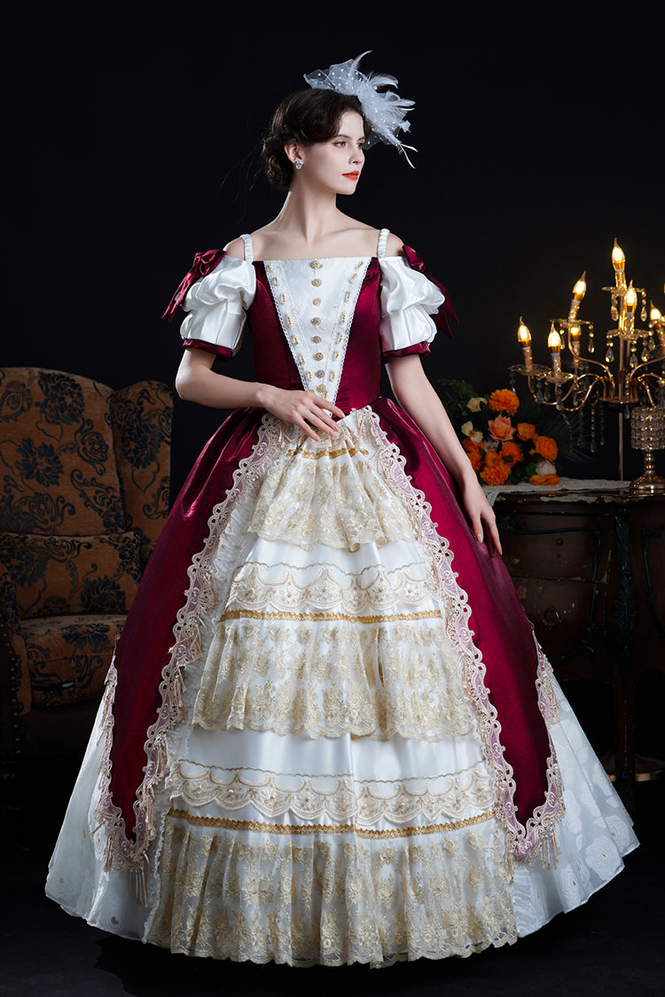 Red/Apricot Off Shoulder Short Sleeves Ruffle Cardigan Bowknot Lace Classic Princess Palace Lolita Victorian Dress - Red/Apricot - 1