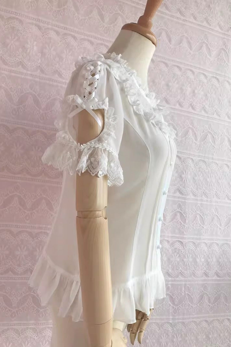 Round Collar Short Puff Sleeves Chiffon Lace Sweet Lolita Blouse 2 Colors - Product - 6