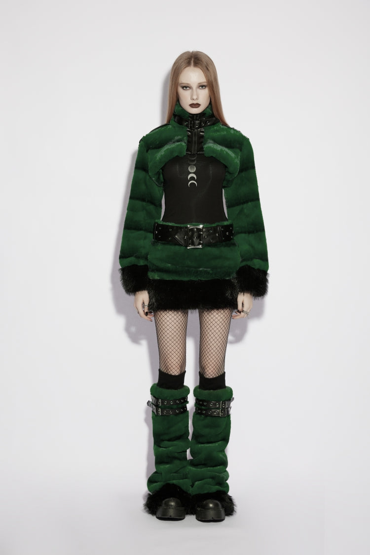 Green Women's Punk Faux Fur Skirt with Belt - Product - 2
