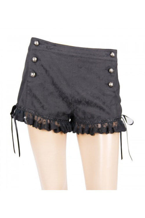 Black Front Double Breasted Buttons Waist Lace Up Frill Lace Hem Gothic Jacquard Short Womens Pants - Product - 7