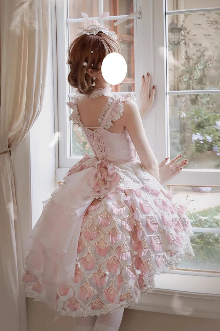 Pink [Peacock Feather] Multi-Layered Ruffle Hanayome Cardigan Bowknot Lace Sweet Lolita Jsk Dress Set - Product - 6