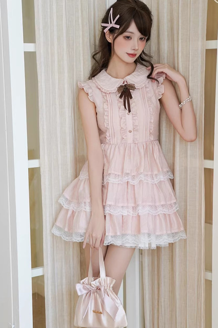 Pink Doll Collar Triple-Layered Ruffled Bow Lace Sweet Lolita Dress - Product - 2