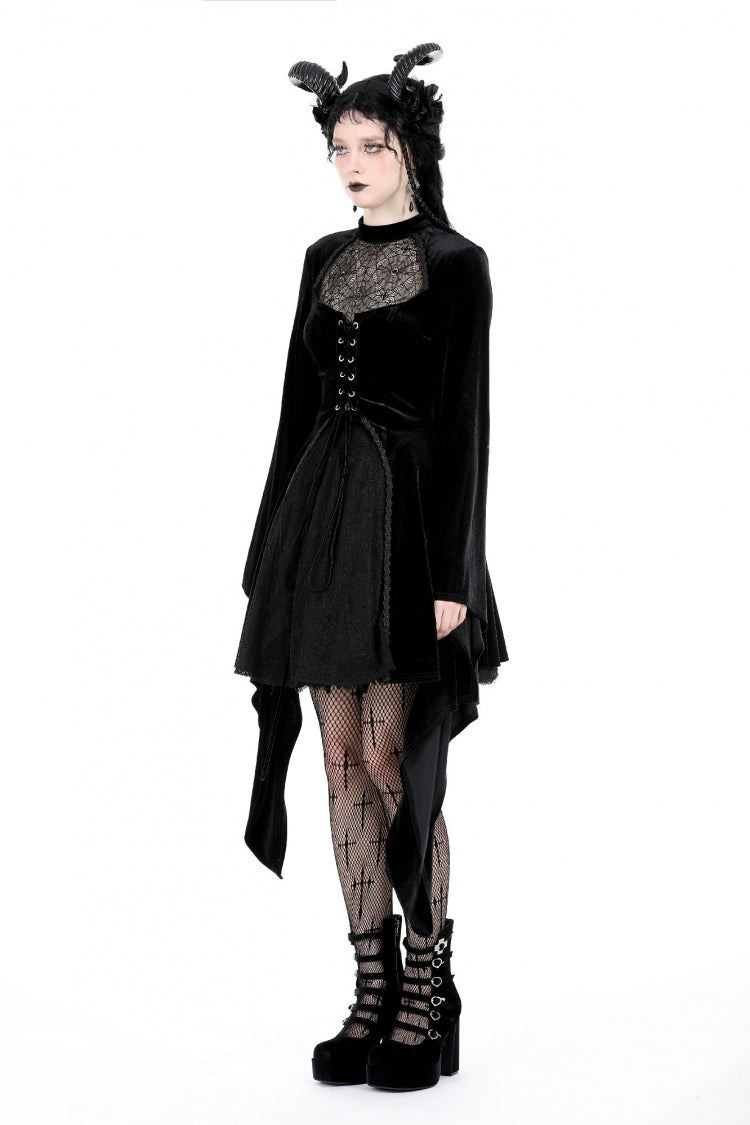 Black Long Trumpet Sleeves Spliced Lace-Up Spider Mesh Women's Gothic Velvet Wedding Dress - Product - 6
