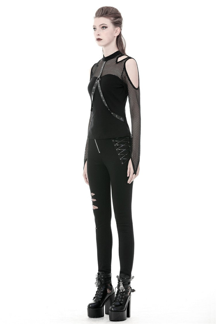Black Off Shoulder Long Sleeves Mesh Crossed Harness Straps Eyelet Sexy Women's Punk Top - Product - 10