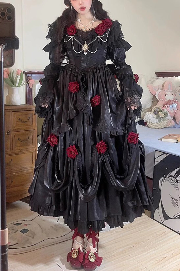 Black Tana Manor Rose Flower Long Sleeves Ruffle Bowknot Elegant Gothic Princess Lolita Strapless Dress - Product - 1