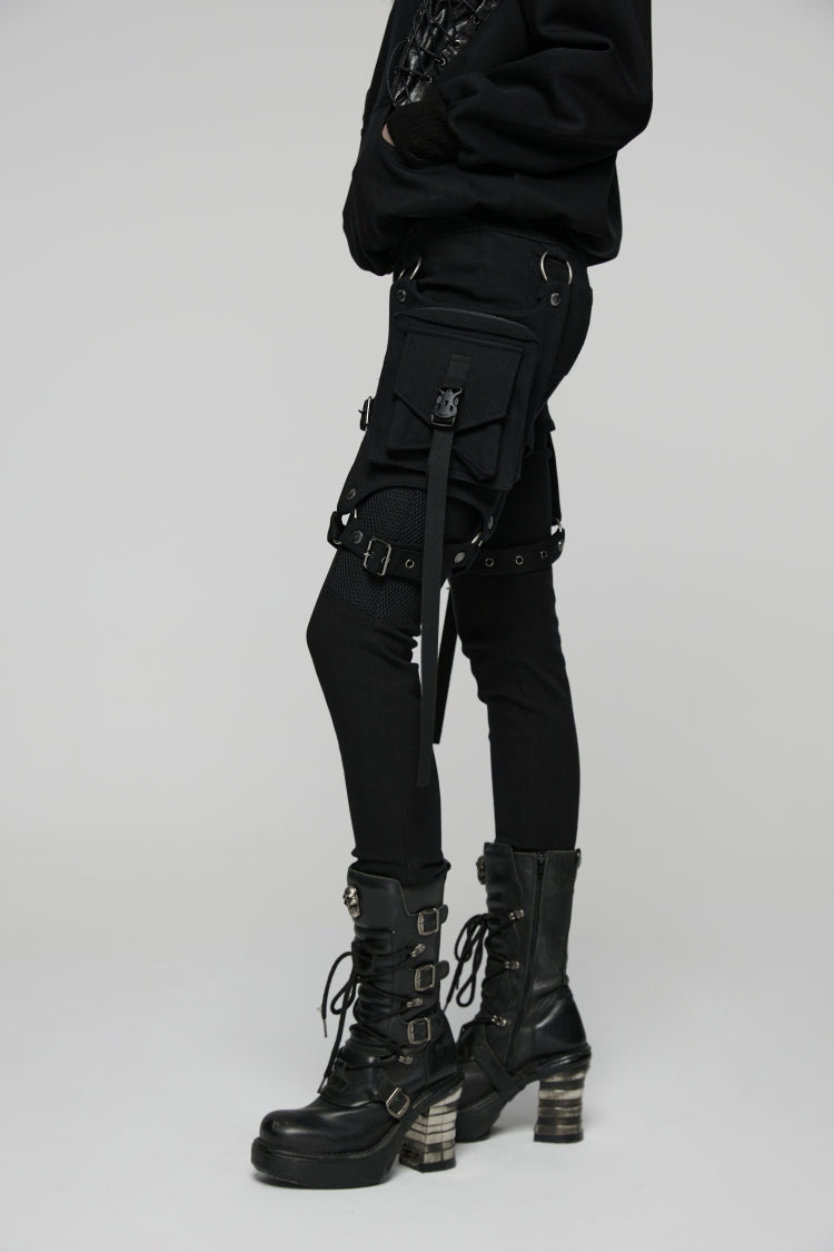 Black Patchwork Slim Fit Mesh Detachable Eyelet Women's Punk Military Cool Pants - Product - 8