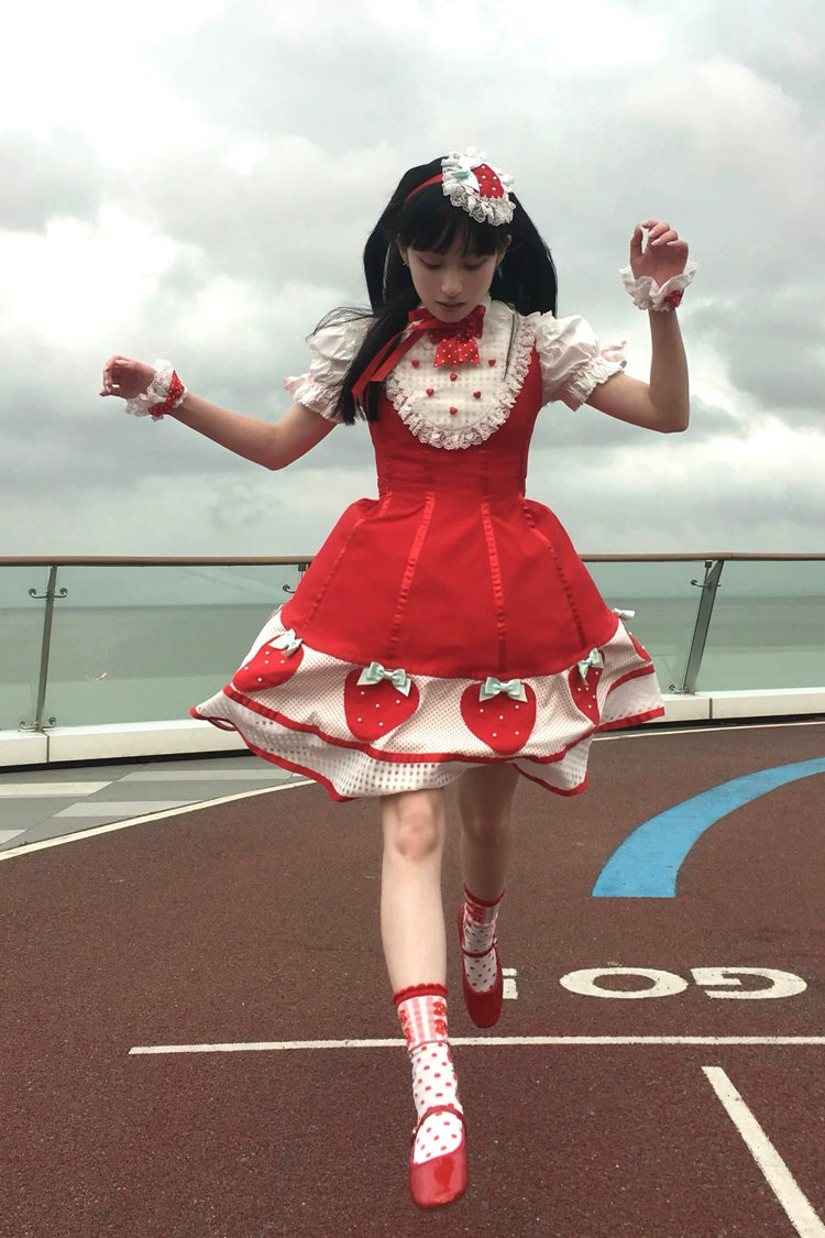 [Miss Peculiar Strawberry] Stand Collar Sleeveless Printed Bow Sweet Lolita Dress 2 Colors (Red, Blue/Black) - Product - 11