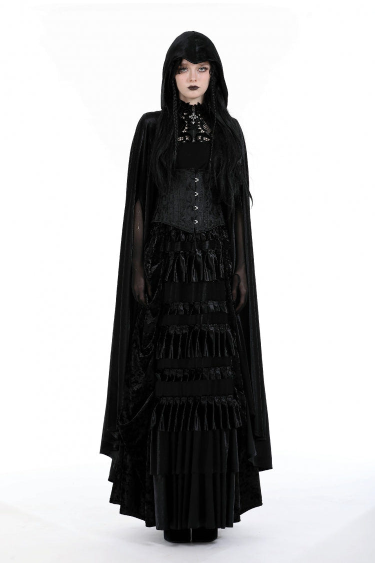 Black Cross Zippered Floral Embroidered Women's Gothic Cloak with Hood - Product - 5