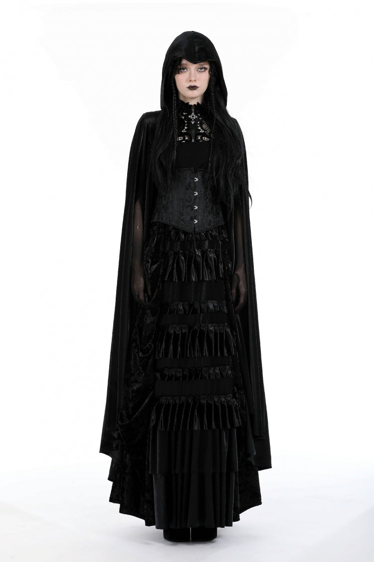 Black Cross Zippered Floral Embroidered Women's Gothic Cloak with Hood - Product - 5