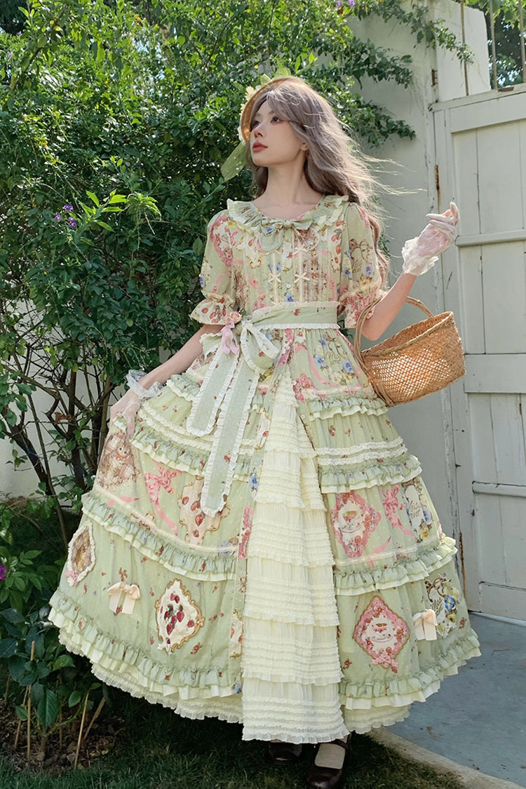 Green [Cat Rose Tea] Short Sleeves Print Ruffle Cardigan Bowknot Sweet Gorgeous Lolita Dress - Product - 2