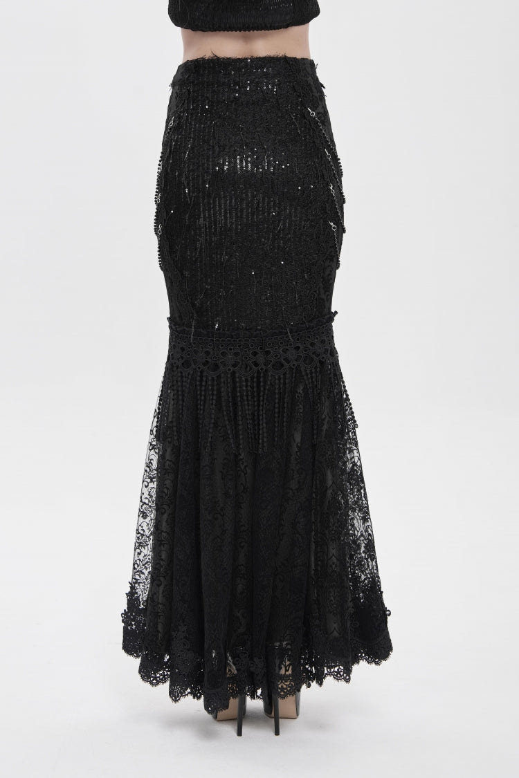 Black Double-Layered Embroidered Lace Slim Pearl-Decorated Women's Gothic Skirt - Product - 6