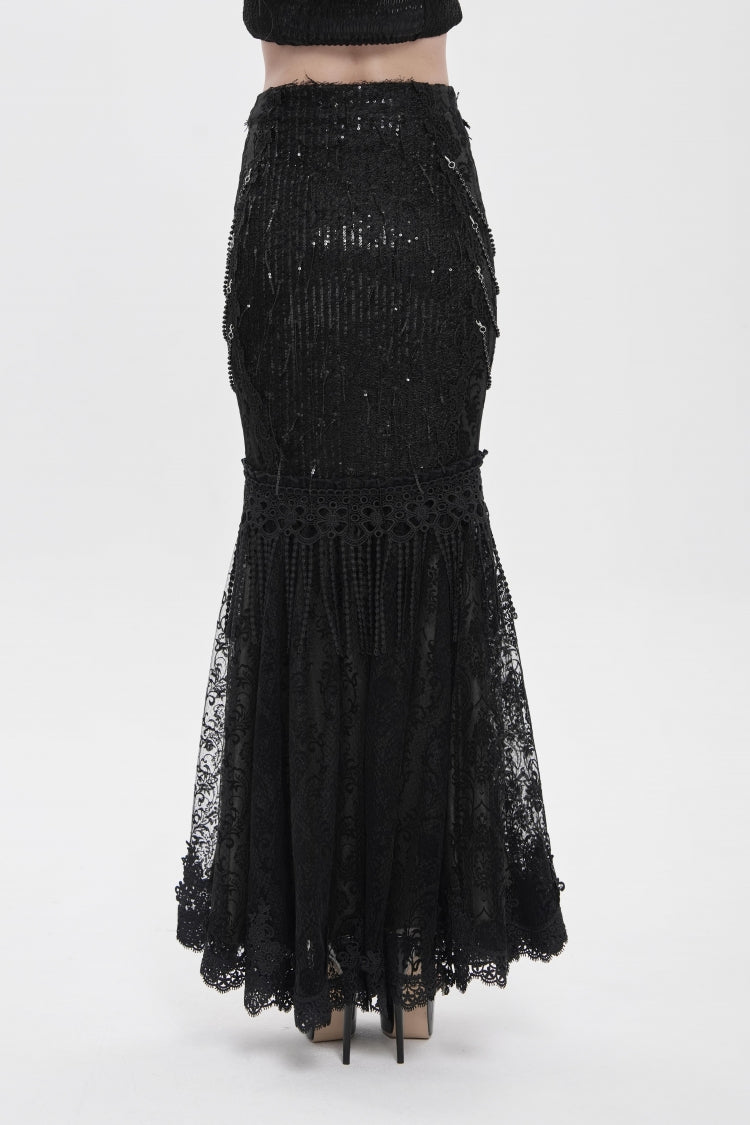 Black Double-Layered Embroidered Lace Slim Pearl-Decorated Women's Gothic Skirt - Product - 6