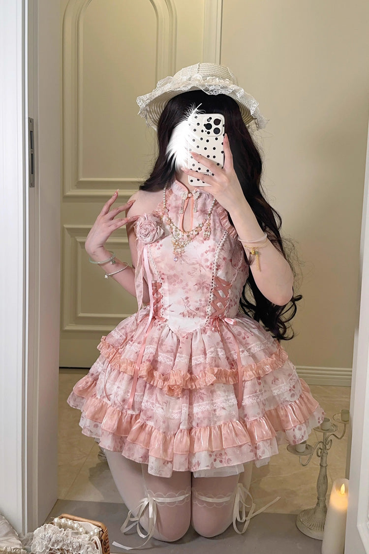 Peach Moon Bamboo Halterneck Multi-layer Print Ruffle Sweet Chinese Style Lolita Dress 2 Colors - Pink - 9