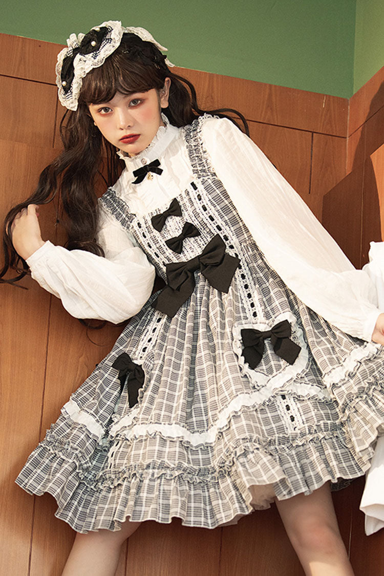 Black/White High Waist Bowknot Ruffled Plaid Sweet Lolita JSK Dress - Product - 4
