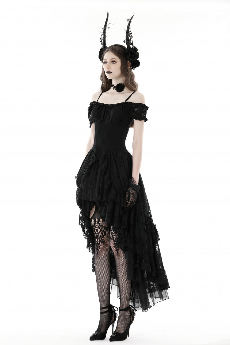 Black Boat Neck Off Shoulder Short Puff Sleeves Ruffled Lace Lace-Up Irregular Women's Gothic Dovetail Dress - Product - 11