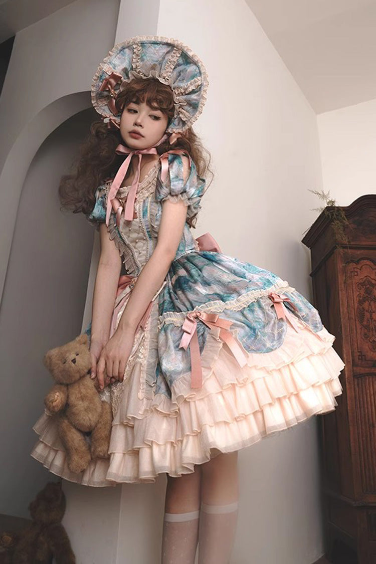 [Angel Heart Sky Oil Painting] Print Ruffle Cardigan Bowknot Sweet Princess Lolita Dress 3 Colors - Product - 20