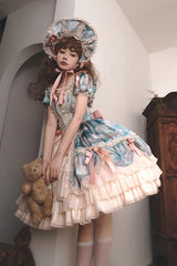[Angel Heart Sky Oil Painting] Print Ruffle Cardigan Bowknot Sweet Princess Lolita Dress 3 Colors - Product - 20