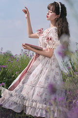 Beige Round Collar Short Sleeves Flower Print High Waist Sweet Lolita OP Dress - Product - 5