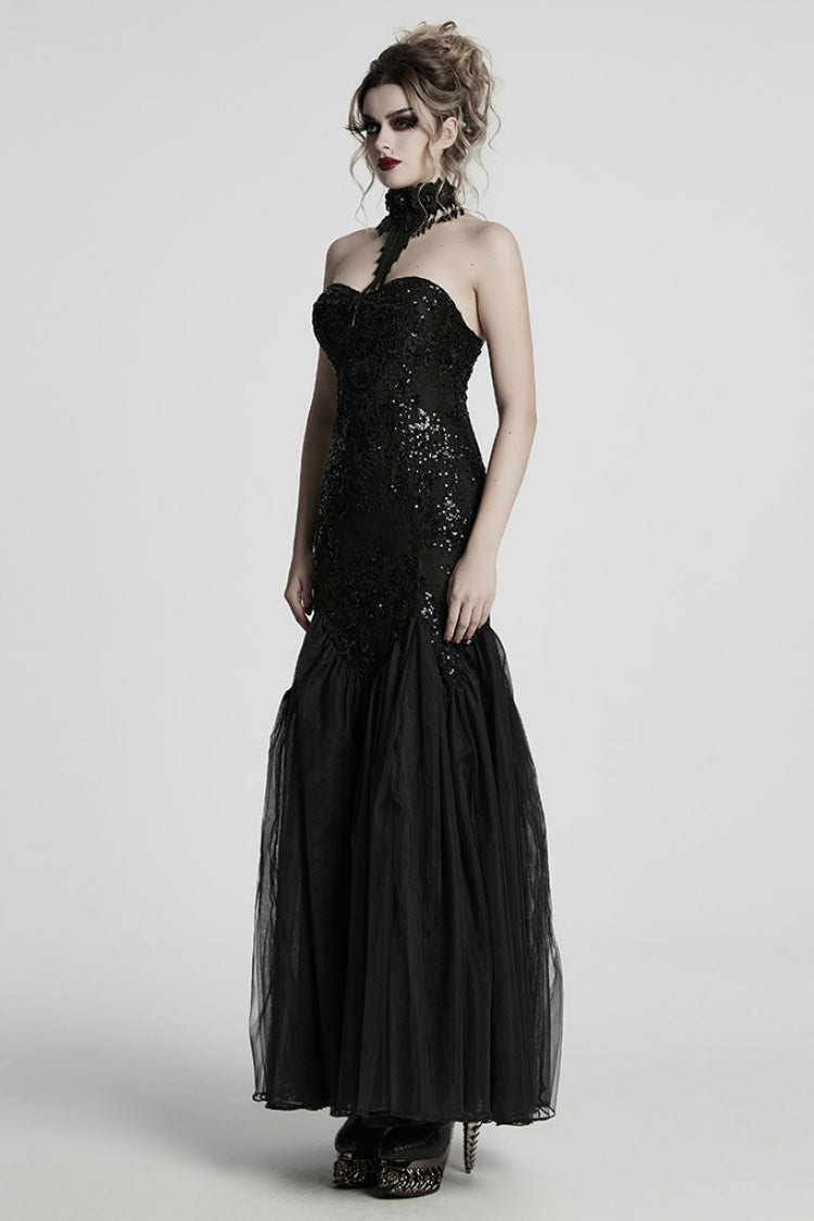 Black Off Shoulder Embroidery Lace Slim Women's Gothic Gown Fishtail Dress - Product - 2