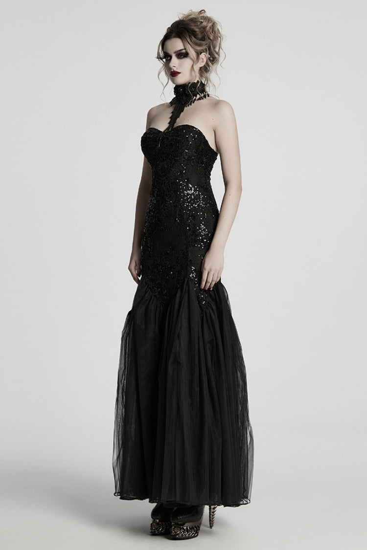 Black Off Shoulder Embroidery Lace Slim Women's Gothic Gown Fishtail Dress - Product - 2