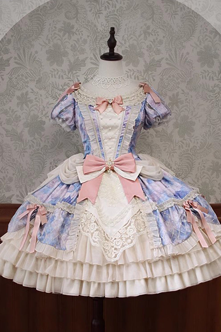 [Angel Heart Sky Oil Painting] Print Ruffle Cardigan Bowknot Sweet Princess Lolita Dress 3 Colors - Product - 23