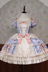 [Angel Heart Sky Oil Painting] Print Ruffle Cardigan Bowknot Sweet Princess Lolita Dress 3 Colors - Product - 23