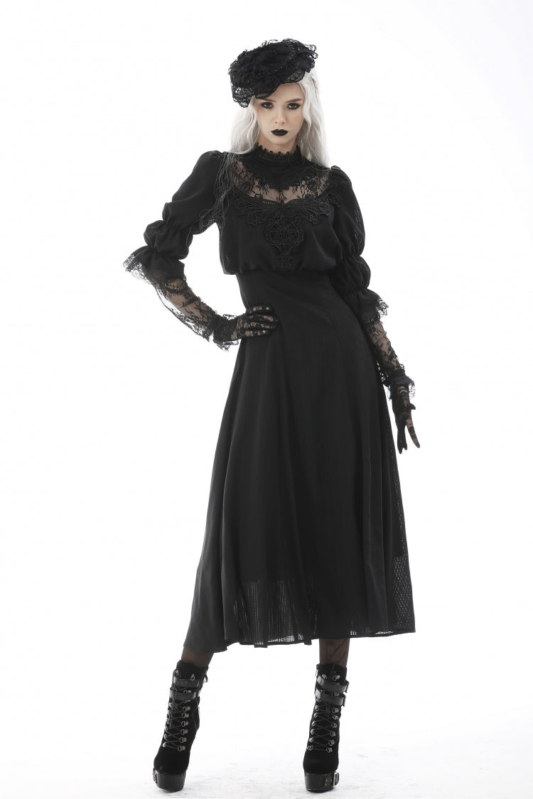 Black Stand Collar Cut-Out Half Sleeves Lace Spliced Women's Gothic Maxi Dress - Product - 7