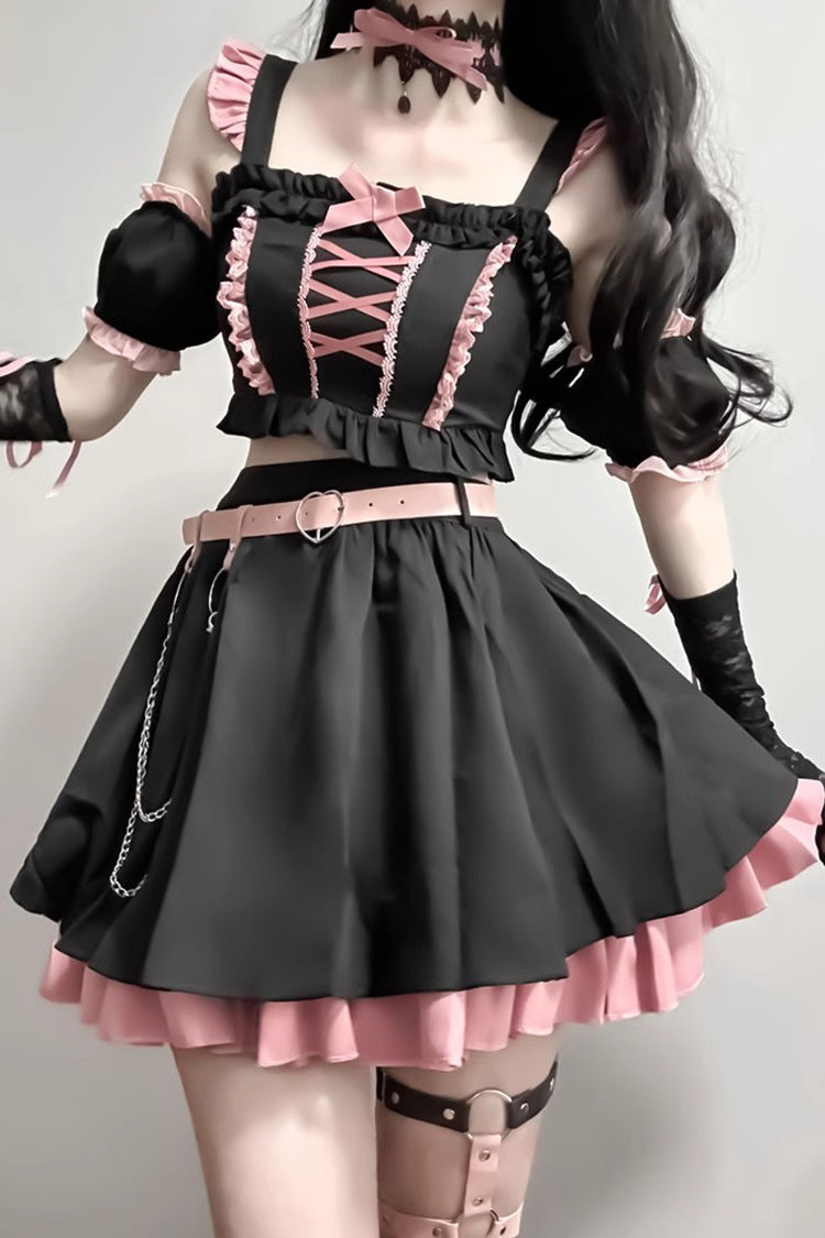 Black/Pink Tie Bow Gothic Sweet Lolita Strapless Skirt Dress 2 Pieces Set - Product - 2