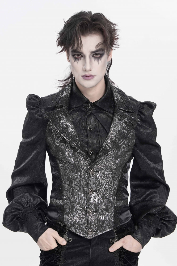 Black Lapel Collar Off Shoulder Halterneck Sleeveless Jacquard Lace Slim Color-Blocked Men's Gothic Palace Vest - Product - 8